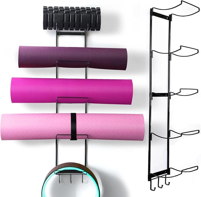 MRZZATA 5-Tiers Yoga Mat Holder Wall Mount, Metal Storage Rack for Mats/Wheels, Foam Roller and Block, Wall Rack with 3-Hooks for Hanging Stretching Strap, Resistance Bands, Yoga Accessories-GravixFit