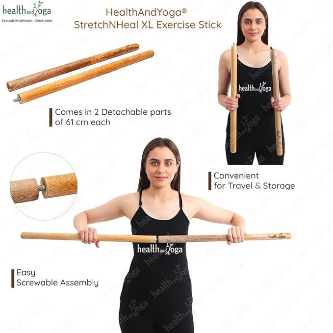 HealthAndYoga™ StretchNHeal Collapsible Multi-Use Wooden Yoga Stick - Regular and XL - Portable Posture Corrector Pole, Stretch Mobility Stick, Physical Workout Exercise Dowel-GravixFit