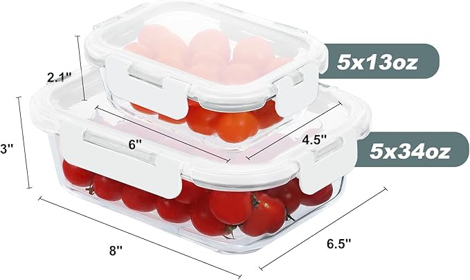 10 Pack Glass Food Storage Containers, Meal Prep Containers with Lids, Airtight Glass Lunch Boxes, Freezer, Oven, and Microwave Safe, White-GravixFit