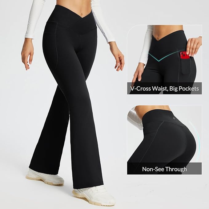 baleaf Women's V Crossover Flare Leggings with Pockets Yoga Pants High Waist Casual Workout Gym Bell Bottom Leggings-GravixFit