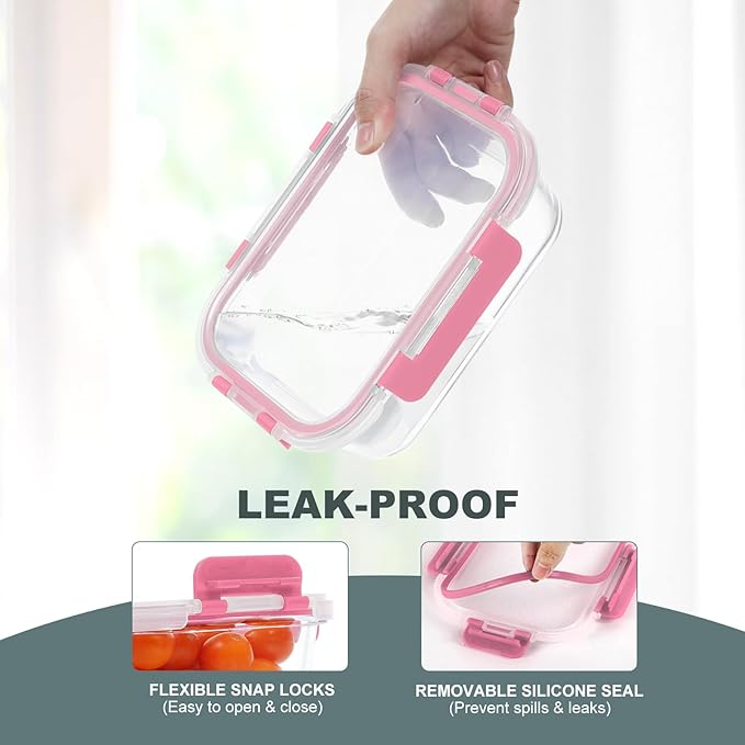 10 Pack Glass Food Storage Containers, Meal Prep Containers with Lids, Airtight Glass Lunch Boxes, Freezer, Oven, and Microwave Safe, Pink-GravixFit