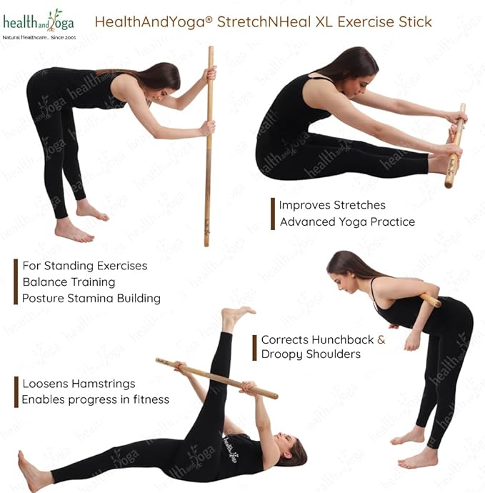 HealthAndYoga™ StretchNHeal Collapsible Multi-Use Wooden Yoga Stick - Regular and XL - Portable Posture Corrector Pole, Stretch Mobility Stick, Physical Workout Exercise Dowel-GravixFit