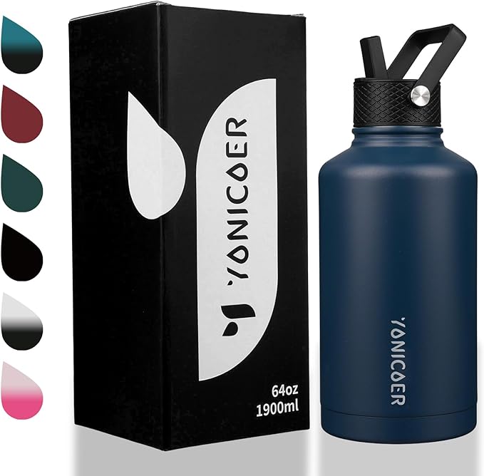Insulated Water Bottle 64oz,Triple Wall Vacuum Stainless Steel(Dishwasher Safe),Leak Proof & Non-BPA,Flask Jug with Paracord Handle & Straw Spout Lids Sports-GravixFit