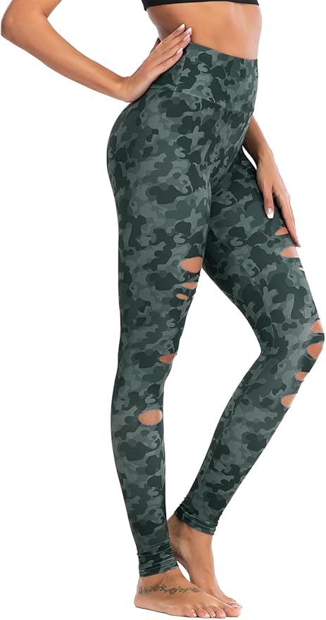 DIBAOLONG Womens High Waist Yoga Pants Cutout Ripped Tummy Control Workout Running Yoga Skinny Leggings-GravixFit