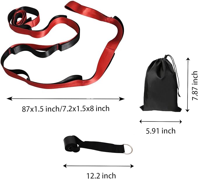 Gradient Fitness Therapy Stretching Belt, 12 Circle Multi Ring Stretching Belt (1.5 inches wide x 86.6 inches long), Therapy Equipment, Yoga Stretcher Strap,Leg Stretcher. Equipped with arch foot pads and pointed massage balls(RED)-GravixFit