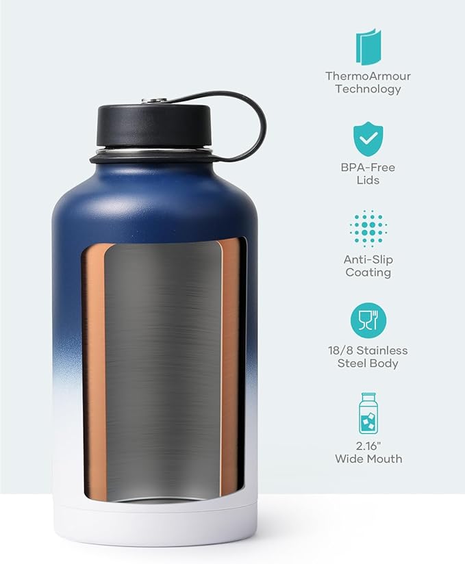BUZIO Vacuum Insulated Stainless Steel Water Bottle 64oz (Cold for 48 Hrs/Hot for 24 Hrs) BPA Free Double Wall Travel Mug/Flask for Outdoor Sports Hiking, Cycling, Cam,Camping, Running, Tuxedo-GravixFit