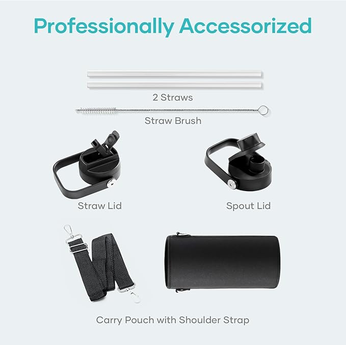 BUZIO Stainless Steel Water Bottle (Cold for 48 Hrs, Hot for 24 Hrs), 32 oz Vacuum Insulated Water Bottle with Straw Lid and Flex Cap (Double Wall, Wide Mouth, BPA Free, Leak Proof), Black-GravixFit