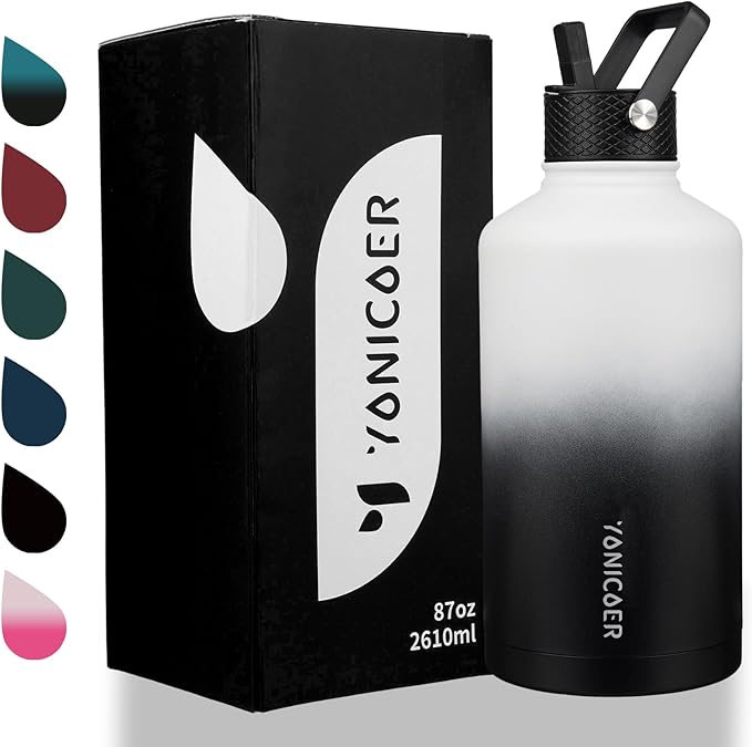 Insulated Water Bottle 64oz,Triple Wall Vacuum Stainless Steel(Dishwasher Safe),Leak Proof & Non-BPA,Flask Jug with Paracord Handle & Straw Spout Lids Sports-GravixFit