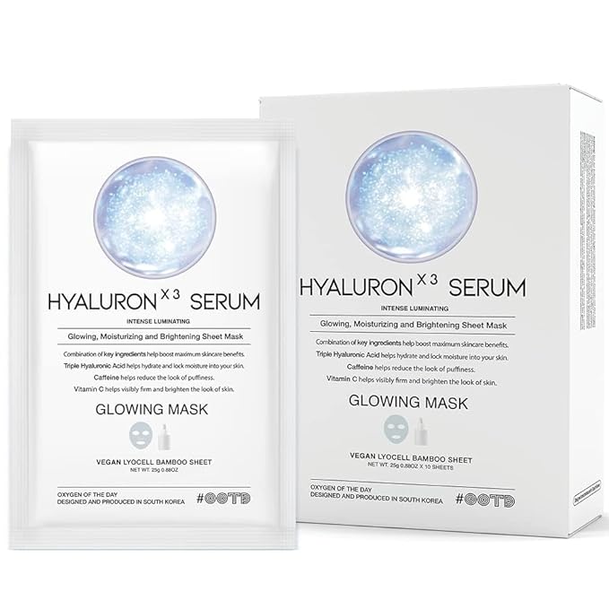 #OOTD Triple Hyaluron Hydrating Mask for Dry and Sensitive Skin, Anti Aging, Tightening and Moisturizing, Korean Vegan Beauty, Hyaluronic Acid, Caffeine, Vitamin C 10EA-GravixFit