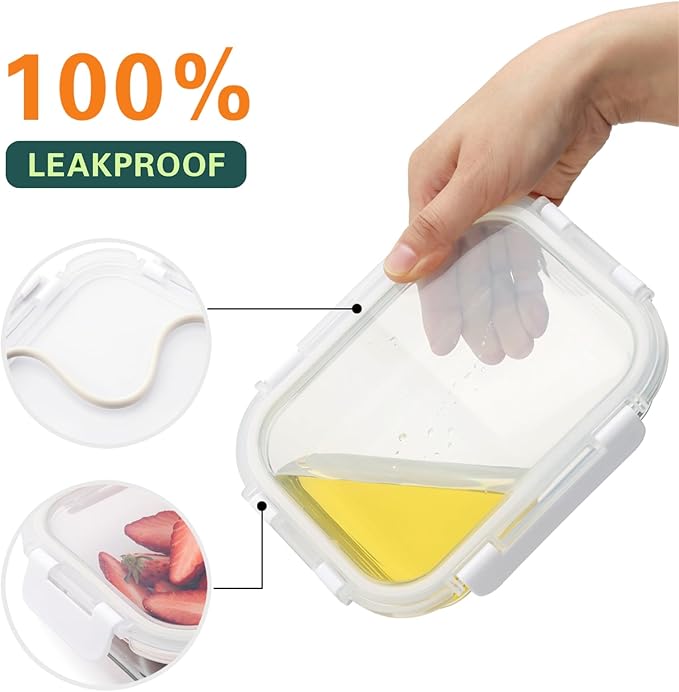 10 Pack 22 Oz Glass Meal Prep Containers with Lids, Reusable Glass Food Storage Containers with Lids, Leak Proof, Microwave, Oven, Freezer and Dishwasher Safe (White)-GravixFit