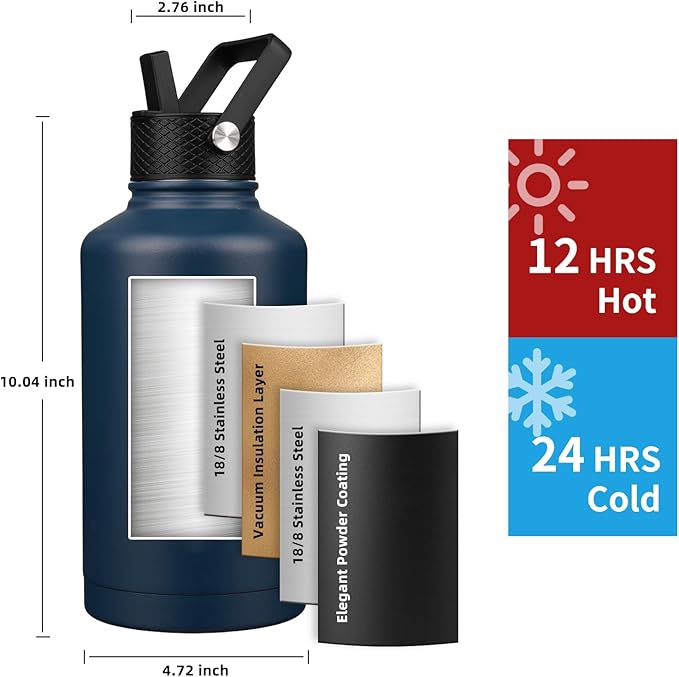 Insulated Water Bottle 64oz,Triple Wall Vacuum Stainless Steel(Dishwasher Safe),Leak Proof & Non-BPA,Flask Jug with Paracord Handle & Straw Spout Lids Sports-GravixFit