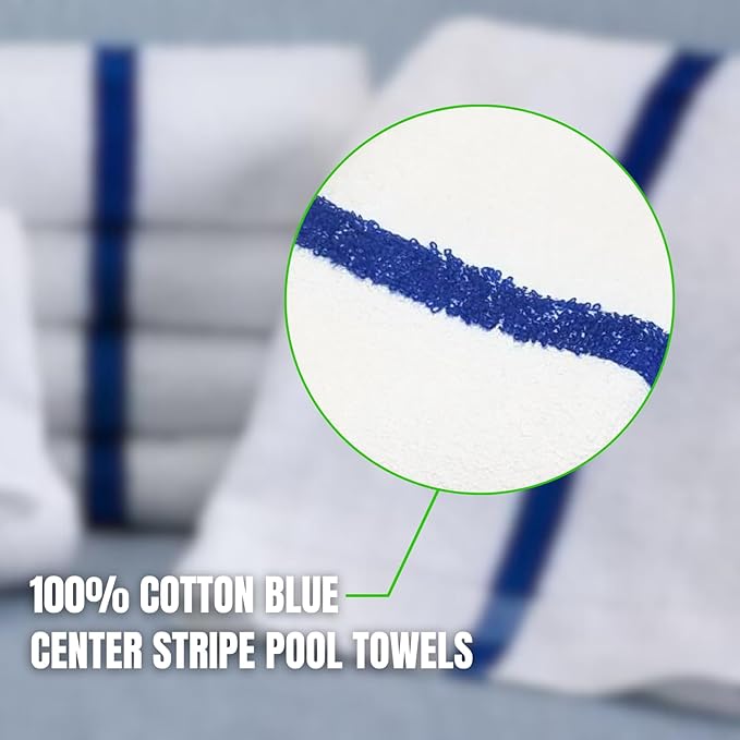 Towels N More 24x48 Soft Poolside Towels - 24 Large Super Absorbent Pool Towel White and Blue Center Stripe - Ideal for Home, Pool, Spa, Gym, Hotel, Motel Rental Room Use - 100% Cotton Bath Towels-GravixFit
