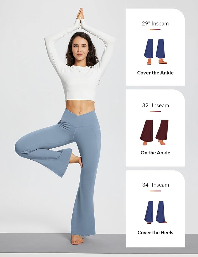 baleaf Women's V Crossover Flare Leggings with Pockets Yoga Pants High Waist Casual Workout Gym Bell Bottom Leggings-GravixFit