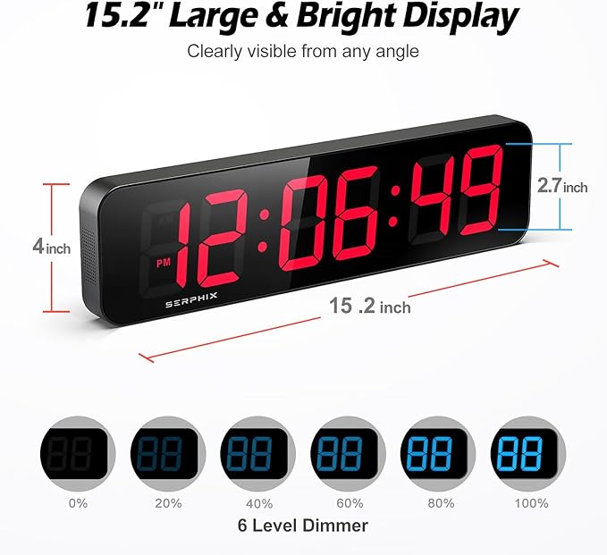 15.2" Gym Timer, App & Remote Control, Customizable LED Colors, Workout Interval Timer Stopwatch Countdown Large Digital Wall Clock for Home Gym-GravixFit