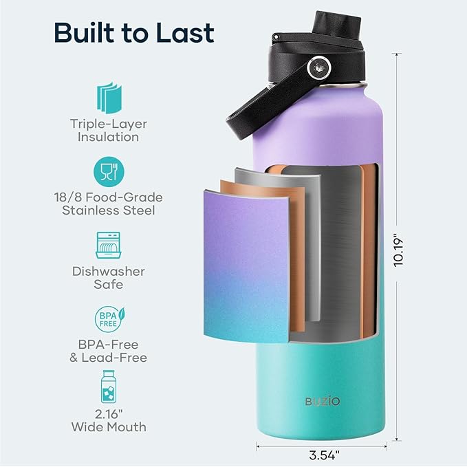 BUZIO 40oz Insulated Water Bottle, Stainless Steel Double Wall Water Flask (Cold for 48 Hrs) Leak Proof Sports Bottles Jug with Straw Lid Flex Cap Metal Canteen for Gym Travel Camping,Purple Green-GravixFit