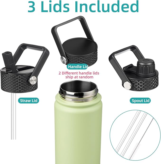 18 oz Insulated Water Bottle Stainless Steel Sport Bottles with 3 Lids,Macaron Green-GravixFit