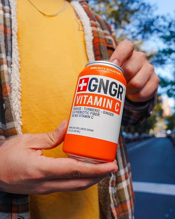 '+GNGR Sparkling Vitamin C Prebiotic Drink - Caffeine free - 5g Prebiotic Fiber - Orange Juice - Ginger Juice - Turmeric - Acerola - Apple Cider Vinegar - Prebiotic Soda - Immunity (12 oz - 12 Pack)-GravixFit