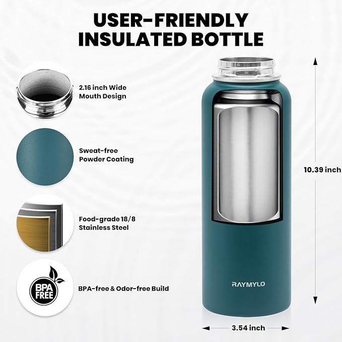 Insulated Water Bottle 40 oz, Triple Wall Vacuum Stainless Steel (Cold for 48 Hrs), Leak Proof & Non-BPA, Modern Water Flask Jug with Paracord Handle & Straw Spout Lids, Dark Green-GravixFit
