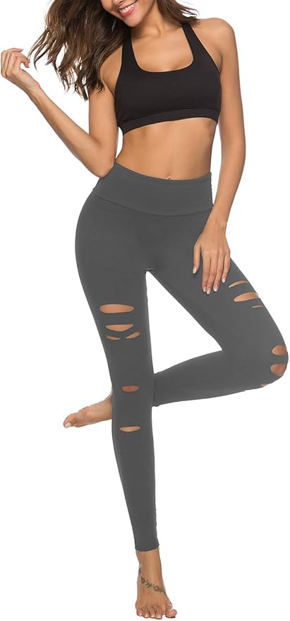 DIBAOLONG Womens High Waist Yoga Pants Cutout Ripped Tummy Control Workout Running Yoga Skinny Leggings-GravixFit