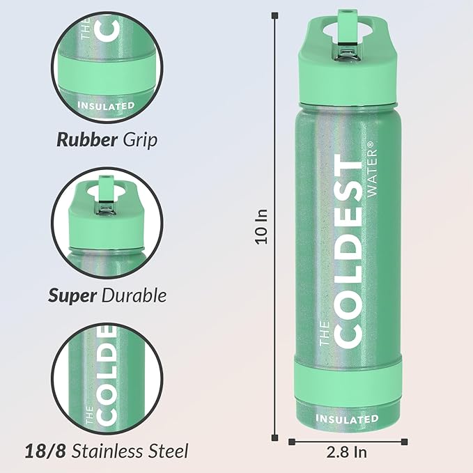 Coldest Insulated Water Bottle with Straw Lid - Stainless Steel Metal Insulated Bottle for Men & Women (Green Aurora Glitter, 24 oz)-GravixFit