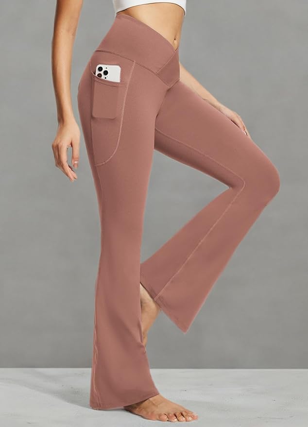 baleaf Women's V Crossover Flare Leggings with Pockets Yoga Pants High Waist Casual Workout Gym Bell Bottom Leggings-GravixFit