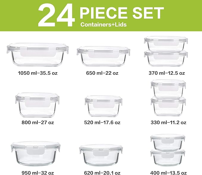 M MCIRCO 24-Piece Glass Food Storage Containers with Upgraded Snap Locking Lids,Glass Meal Prep Containers Set - Airtight Lunch Containers, Microwave, Oven, Freezer and Dishwasher,White-GravixFit