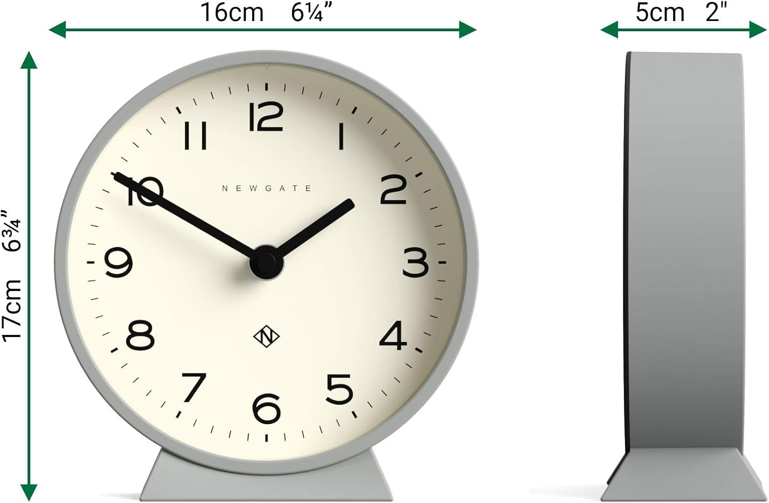 NEWGATE® M Mantel Echo Desk Clock | Modern Round Design | Posh Gray | Easy to Read Numbers | Contemporary Style for Desk, Table, Shelf or Bedside