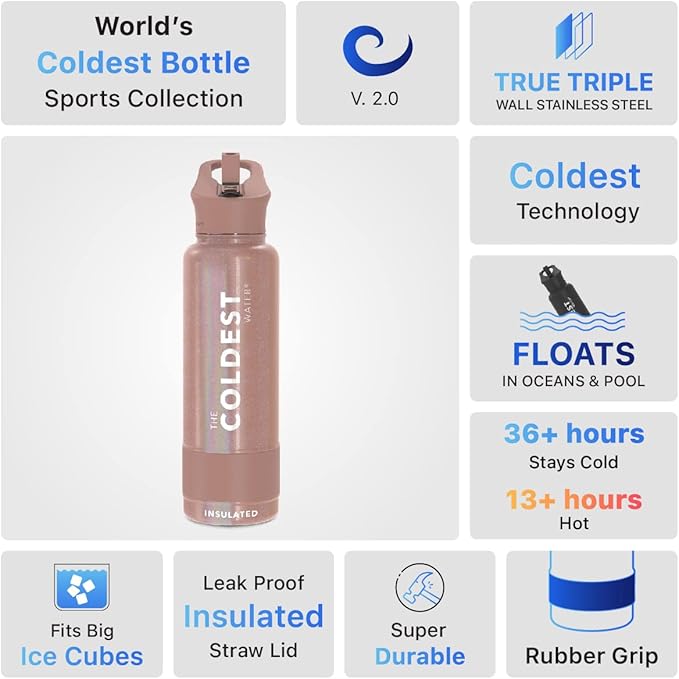 Coldest Insulated Water Bottle with Straw Lid - Stainless Steel Metal Insulated Bottle for Men & Women (Golden Rose Glitter, 40 oz)-GravixFit