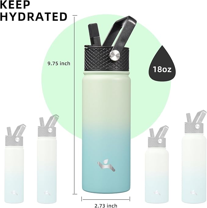 18 oz Insulated Water Bottle Stainless Steel Sport Bottles with 3 Lids,Mint-GravixFit