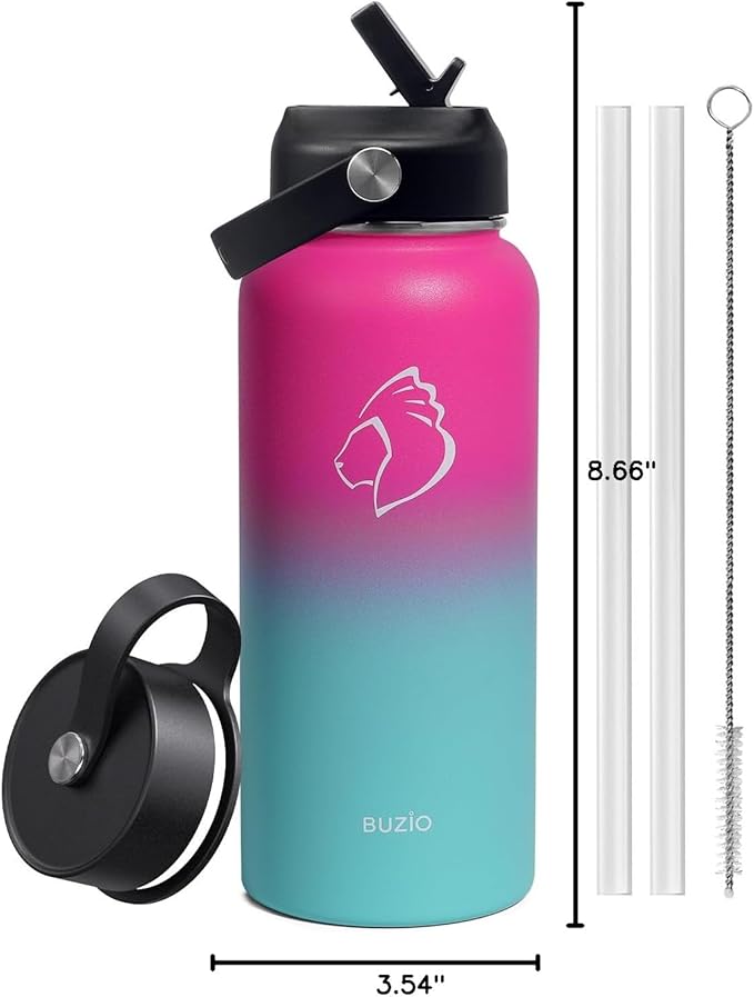 BUZIO Insulated Water Bottle with Straw Lid and Flex Cap, 32oz Double Wall Vacuum Stainless Steel Thermo with Wide Mouth Lid, Cold 48 Hrs Hot 24 Hrs Sweat Proof Flask, Rose and Green-GravixFit