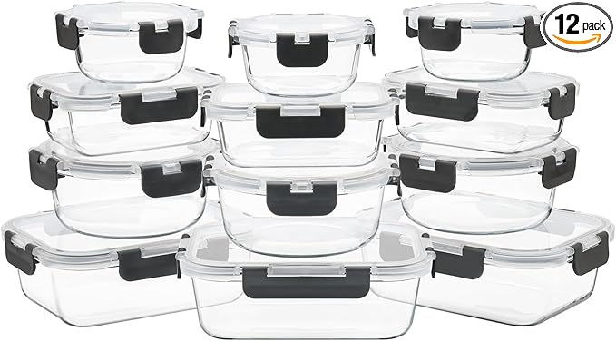 12 Pack Glass Food Storage Containers with Airtight Lids for Meal Prep, Leftover, BPA-Free, Leak-Proof, Freezer to Microwave Safe (12 Lids & 12 Containers)-GravixFit