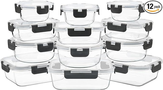 12 Pack Glass Food Storage Containers with Airtight Lids for Meal Prep, Leftover, BPA-Free, Leak-Proof, Freezer to Microwave Safe (12 Lids & 12 Containers)-GravixFit