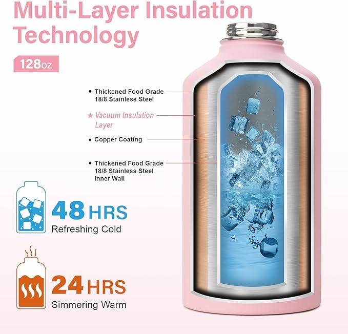 1 Gallon Water Bottle Insulated | Thickened Stainless Steel Vacuum Metal Water Jug | Portable Sports Large for Gym and Hiking with Straw, Carrier Bag, Handle Strap | BPA-Free 128 oz-GravixFit