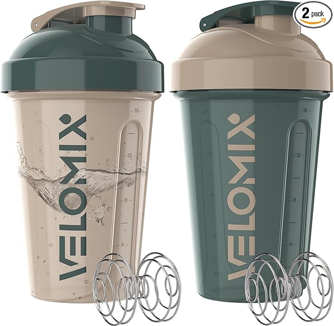 '-2 Pack- 20 oz Protein Shaker Bottles for Protein Mixes, 2x Wire Whisk, Leak Proof Shaker Cups for Protein Shakes and Pre Workout, Protein Shaker Bottle Pack, Protein Mixer Cup(Blue&Beige)-GravixFit