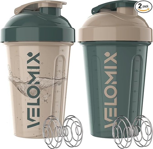 '-2 Pack- 20 oz Protein Shaker Bottles for Protein Mixes, 2x Wire Whisk, Leak Proof Shaker Cups for Protein Shakes and Pre Workout, Protein Shaker Bottle Pack, Protein Mixer Cup(Blue&Beige)-GravixFit