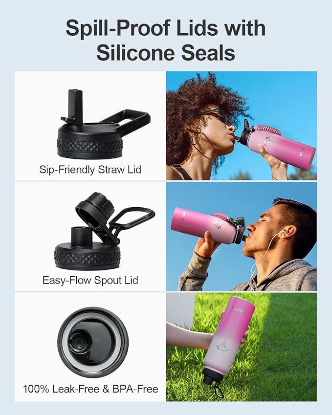 40oz Insulated Water Bottle,Stainless Steel Vacuum Water Bottle, BPA-Free & Leakproof -with Paracord Handle,Strap,Straw Spout Lids,Large Water Jug for Gym Sports-GravixFit