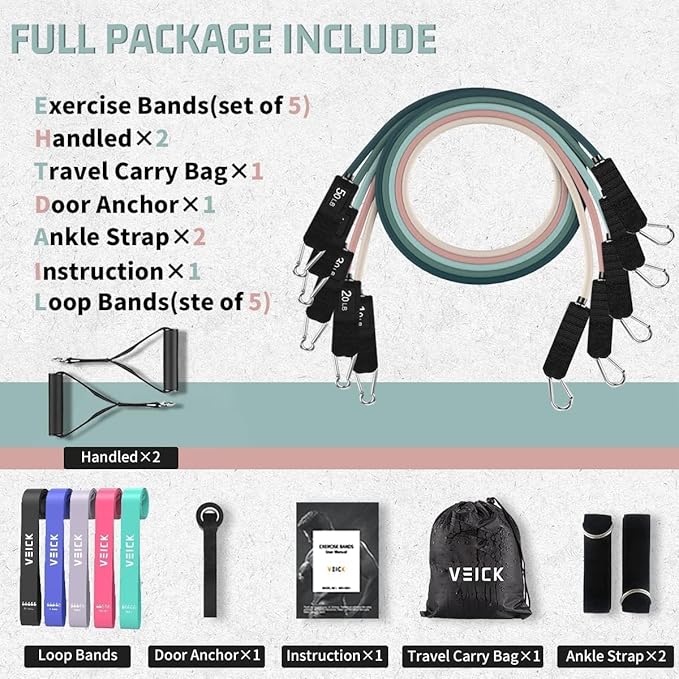 VEICK Resistance Bands, Exercise Bands for Working Out with Handles, Elastic Workout Bands for Men Women, Exercising Bands for Strength Training Equipment at Home Gym-GravixFit