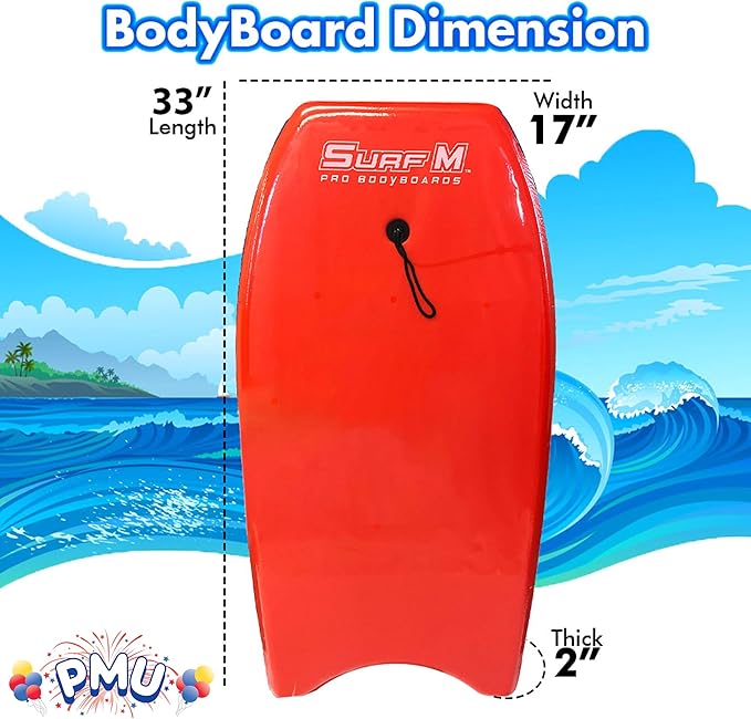 PMU 33 Inch Red Bodyboard - Lightweight Wrist Leash, Slick Bottom Boards for Beach, Sea & Pool - Surfing Board for Kids, Teens & Adults Wave Conditions Pkg/1