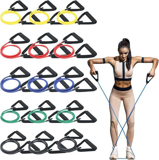 15 Pcs Resistance Bands with Handles for Home Workouts, Exercise Bands Set for Physical Therapy, Strength Training & Fitness for Women and Men-GravixFit