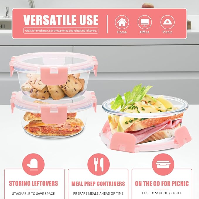 12 Pack 13oz Small Glass Food Storage Containers with Lids Airtight, Leak-Proof Round Meal Prep Containers Set, Freezer to Microwave Safe, Dishwasher Safe-GravixFit
