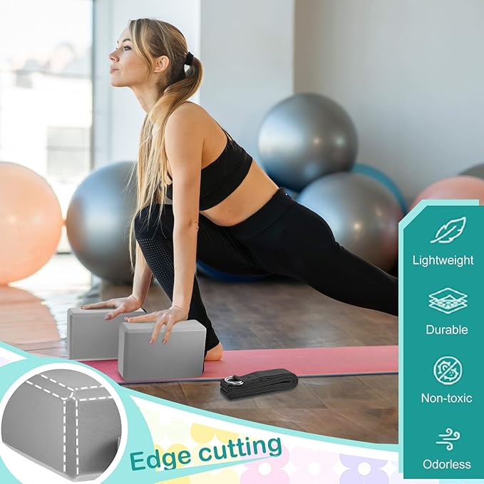 Meooeck 18 Pcs Yoga Block and Strap Set 9 x 6 x 3 Inch EVA Foam Non Slip Brick 8 ft Yoga Straps for Stretching D Ring Design for Back to School Pilates Fitness Workout Exercise-GravixFit