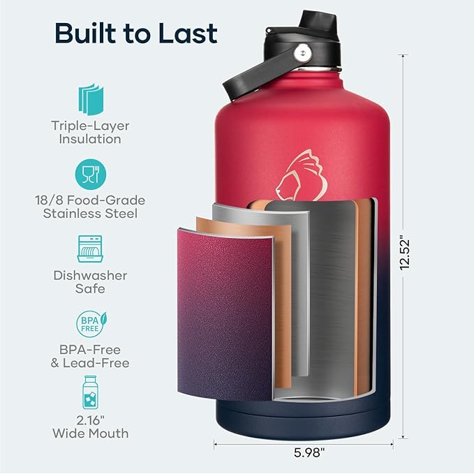 128oz Insulated Water Bottle, BUZIO Gallon Water Jug with Straw Lid and Carrying Sleeve (Cold for 48 Hrs) Stainless Steel Hydro Metal Canteen Water Flask, Ruby Red Navy-GravixFit