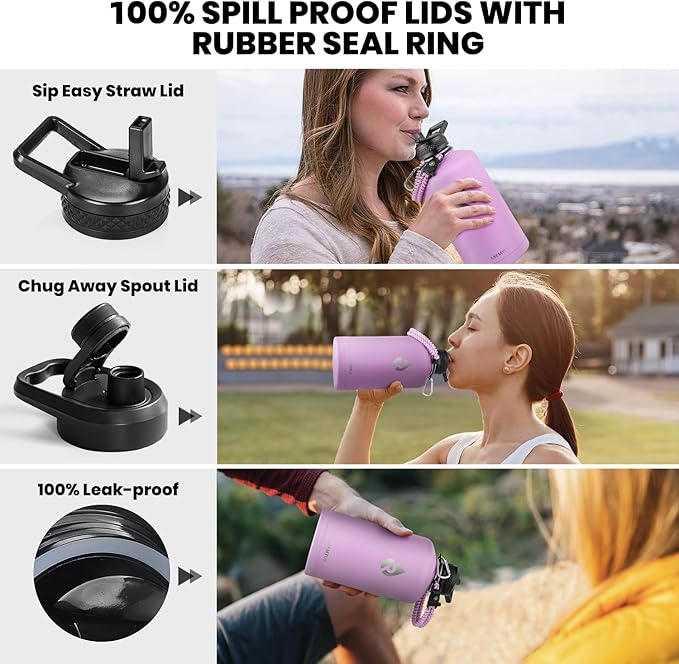 One Gallon Water Bottle Insulated, Triple Walled Vacuum Stainless Steel (Cold for 48 Hrs), Leak Proof & Non-BPA, Large Water Flask Jug with Paracord Handle & Straw Spout Lids-GravixFit