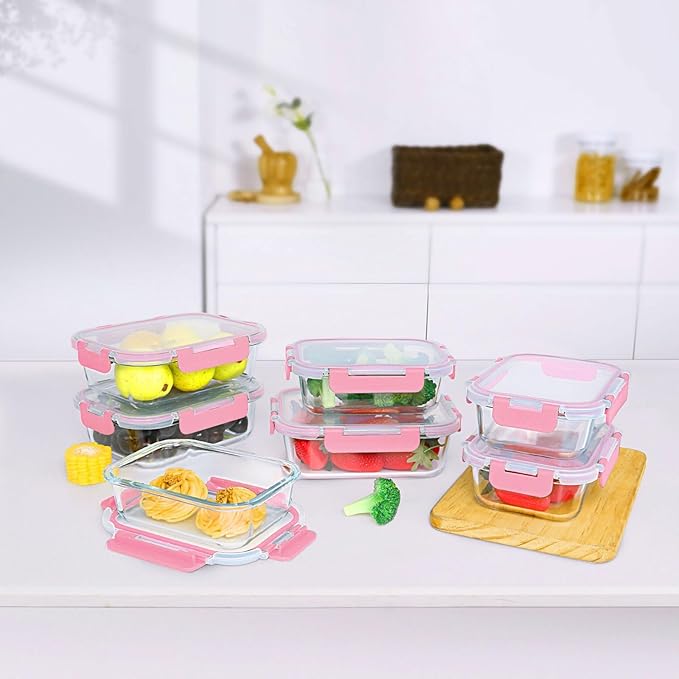 M MCIRCO [10-Pack Meal Prep Containers with Snap Locking Lids, Glass Airtight Lunch, Food Storage Containers, Microwave, Oven, Freezer and Dishwasher Friendly, Pink-GravixFit