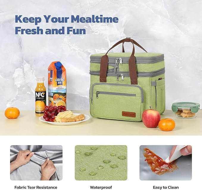Maelstrom Lunch Bag Women,23L Insulated Lunch Box For Men Women,Expandable Double Deck Lunch Cooler Bag,Lightweight Leakproof Lunch Tote Bag With Side Tissue Pocket,Green-GravixFit