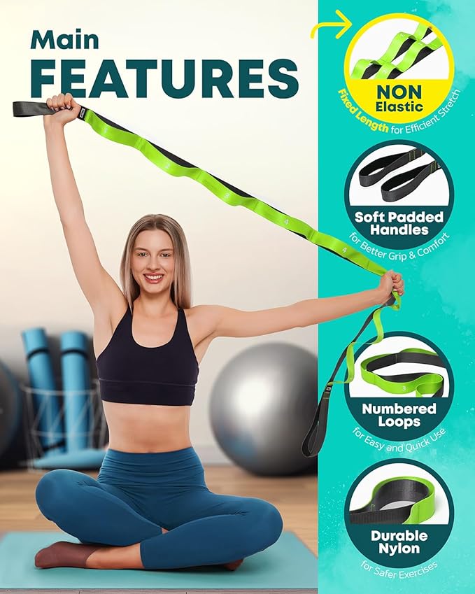 Stretching Strap with Loops - Non Elastic Stretch Band for Physical Therapy, Yoga Strap for Stretching Equipment, Stretch Bands for Exercise and Flexibility - Fascia, Hamstring & Leg Stretcher Belt-GravixFit