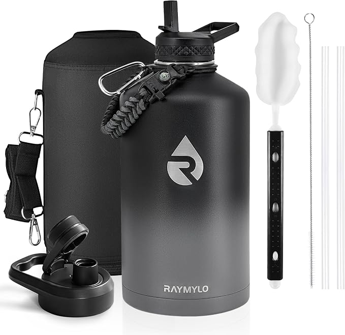 One Gallon Water Bottle Insulated, Triple Walled Vacuum Stainless Steel (Cold for 48 Hrs), Leak Proof & Non-BPA, Large Water Flask Jug with Paracord Handle & Straw Spout Lids-GravixFit