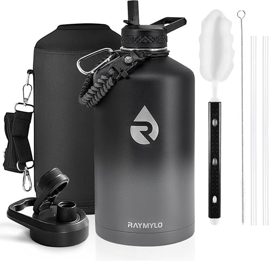 One Gallon Water Bottle Insulated, Triple Walled Vacuum Stainless Steel (Cold for 48 Hrs), Leak Proof & Non-BPA, Large Water Flask Jug with Paracord Handle & Straw Spout Lids-GravixFit