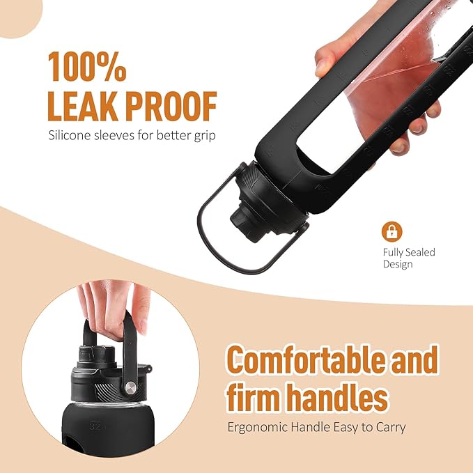 Kodrine Water Bottle with Straw, 24 oz Glass water Bottle with 2 Lids Bamboo Straw Lid and Spout Lid with Handle, 32 oz Clear Water Bottle Glass for Sports Travel, Waterbottle with Time Marker-GravixFit