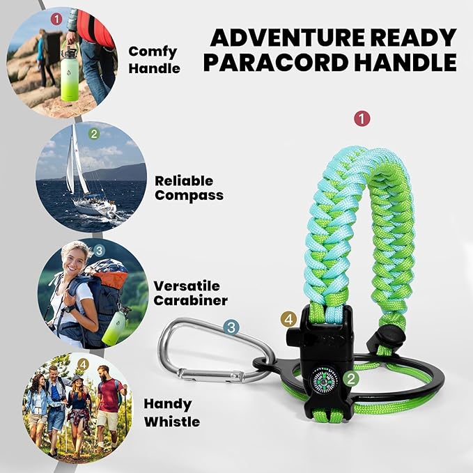 Insulated Water Bottle 87 oz, Triple Wall Vacuum Stainless Steel (Cold for 48 Hrs), Leak Proof & Non-BPA, Modern Water Flask Jug with Paracord Handle & Straw Spout Lids, Ombre Green-GravixFit